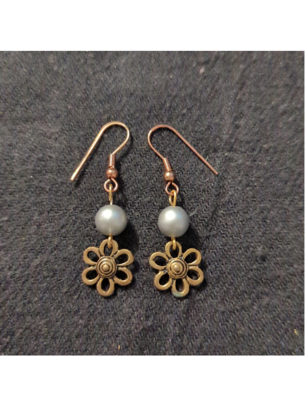 Brass Tone Grey Beaded Flower Drop Dangle Statement Earrings